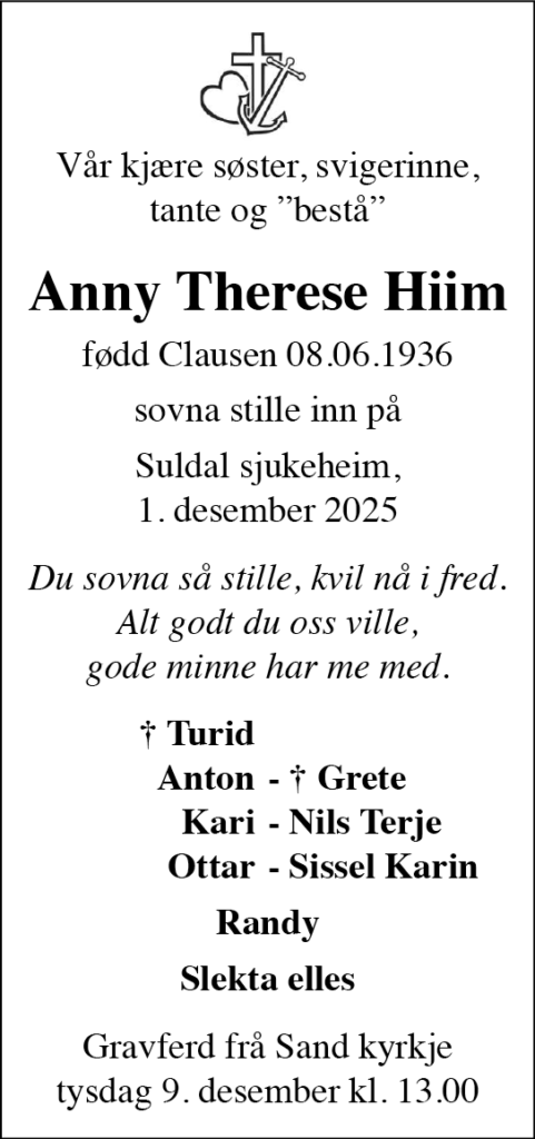 Anny Therese Hiim, død 01.12.2025