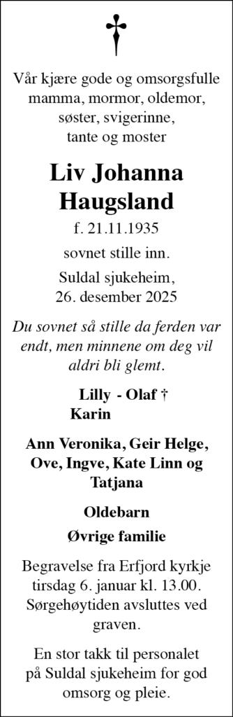 Liv Johanna Haugsland, død 26.12.2025