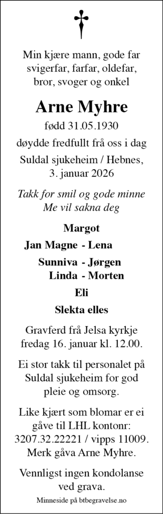 Arne Myhre, død 03.01.2026