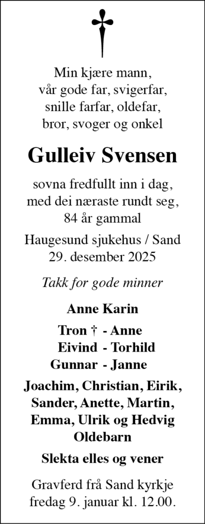 Gulleiv Svensen, død 29.12.2025