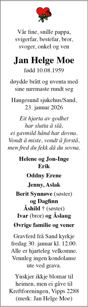 Jan Helge Moe, død 23.01.2026