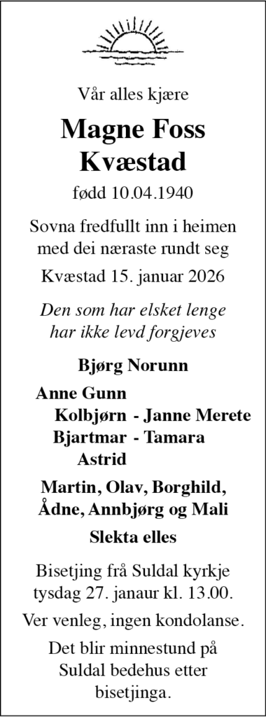 Magne Foss Kvæstad, død 15.01.2026