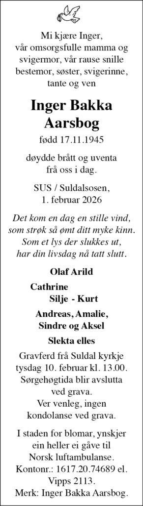 Inger Bakka Aarsbog, død 01.02.2026