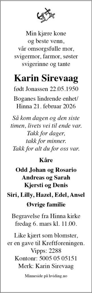 Karin Sirevaag, død 21.02.2026