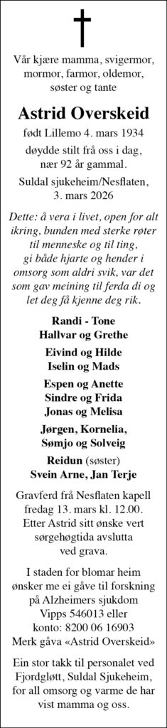 Astrid Overskeid, død 03.03.2026