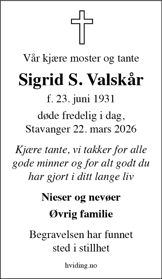 Sigrid S Valskår, død 22.03.2026