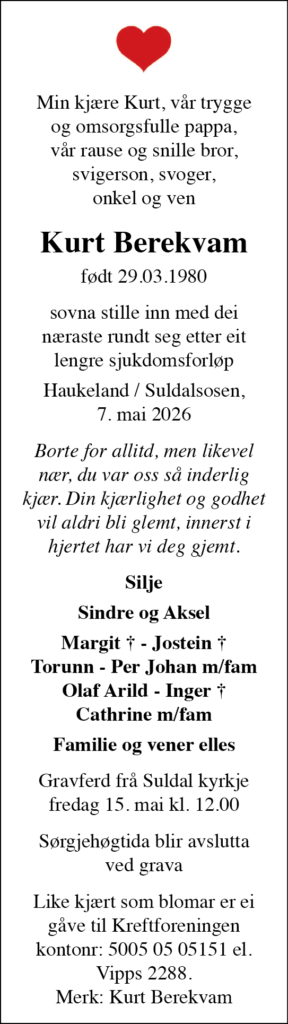 Kurt Berekvam, død 07.05.2026