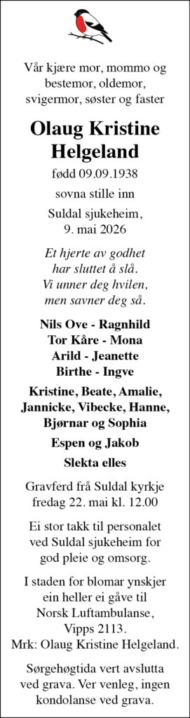 Olaug Kristine Helgeland, død 09.05.2026