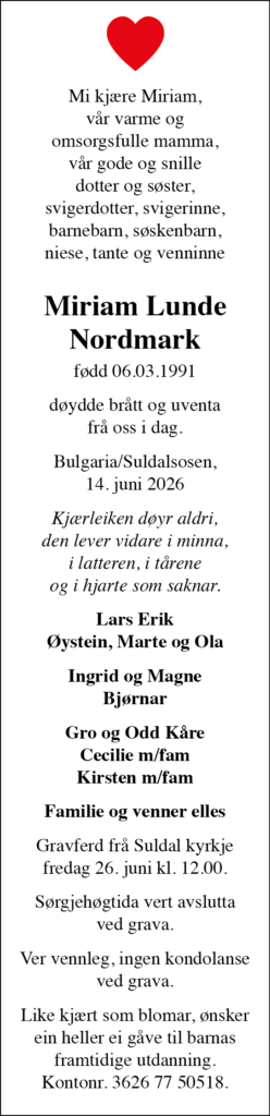 Miriam Lunde Nordmark, død 14.06.2026