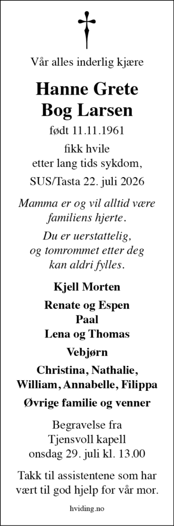 Hanne Grete Bog Larsen, død 22.07.2026