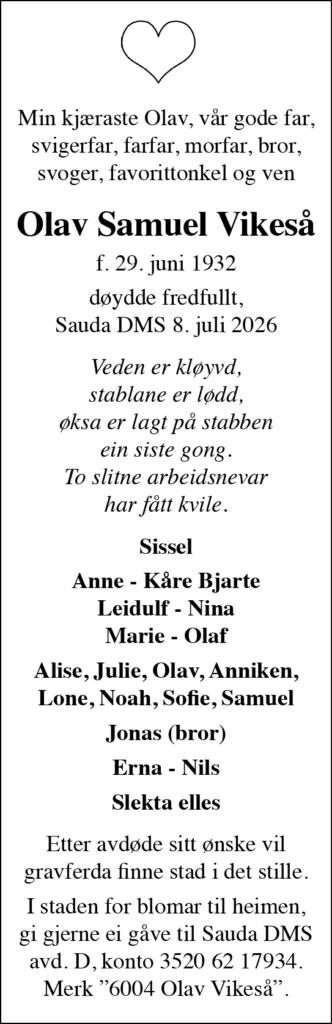 Olav Samuel Vikeså, død 08.07.2026
