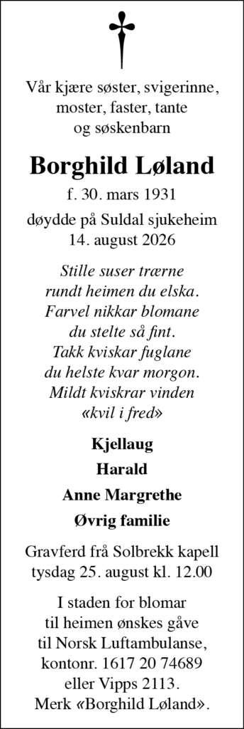 Borghild Løland, død 14.08.2026