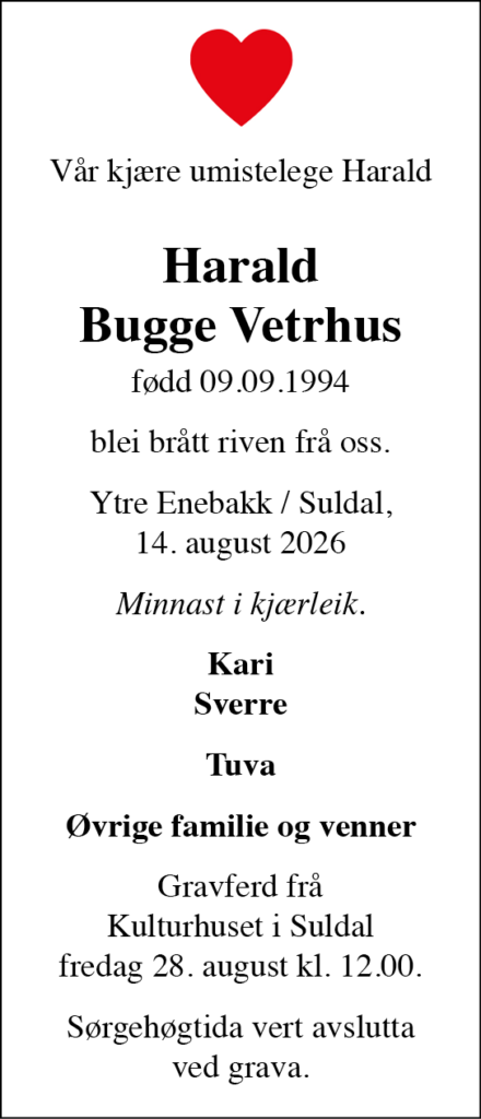 Harald Bugge Vetrhus, død 14.08.2026