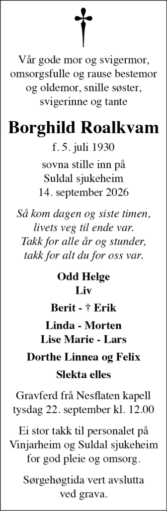 Borghild Roalkvam, død 14.09.2026