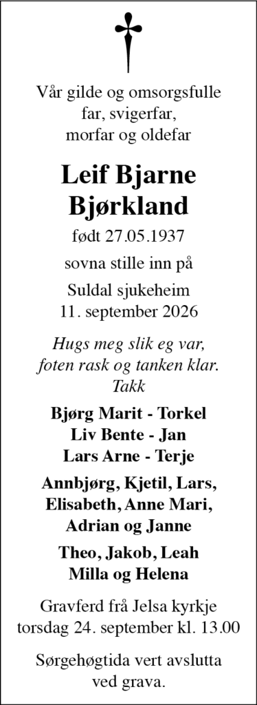 Leif Bjarne Bjørkland, død 11.09.2026